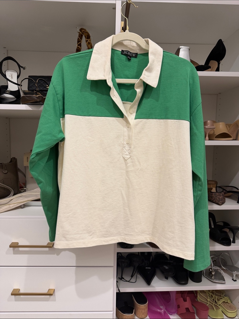 J. Crew Green and Cream Rugby-Style Button Polo